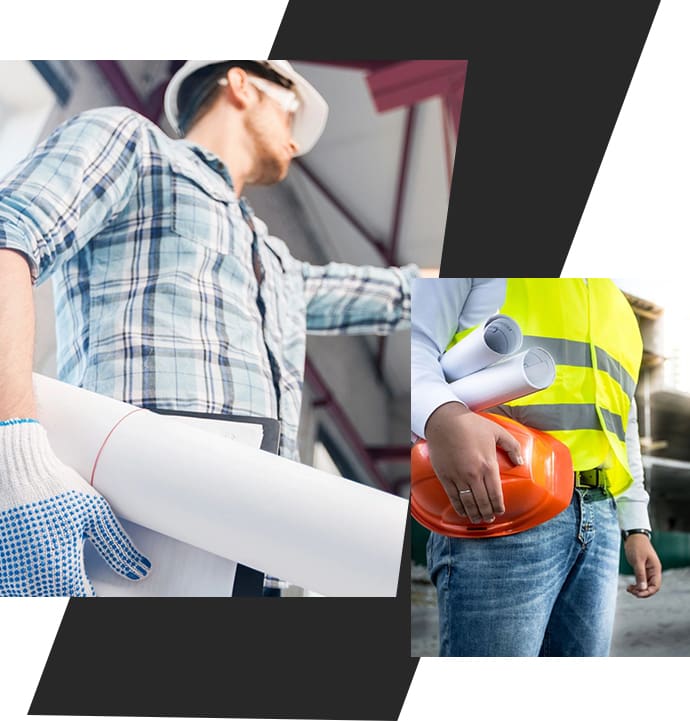 A construction worker is holding a blueprint and a construction worker is wearing a hard hat.